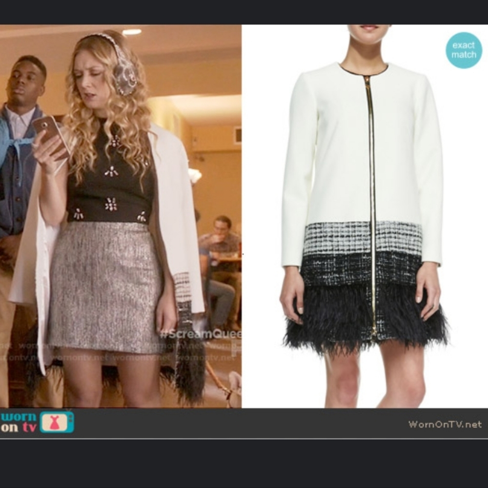 ASO Scream Queens Milly white feathered trim coat